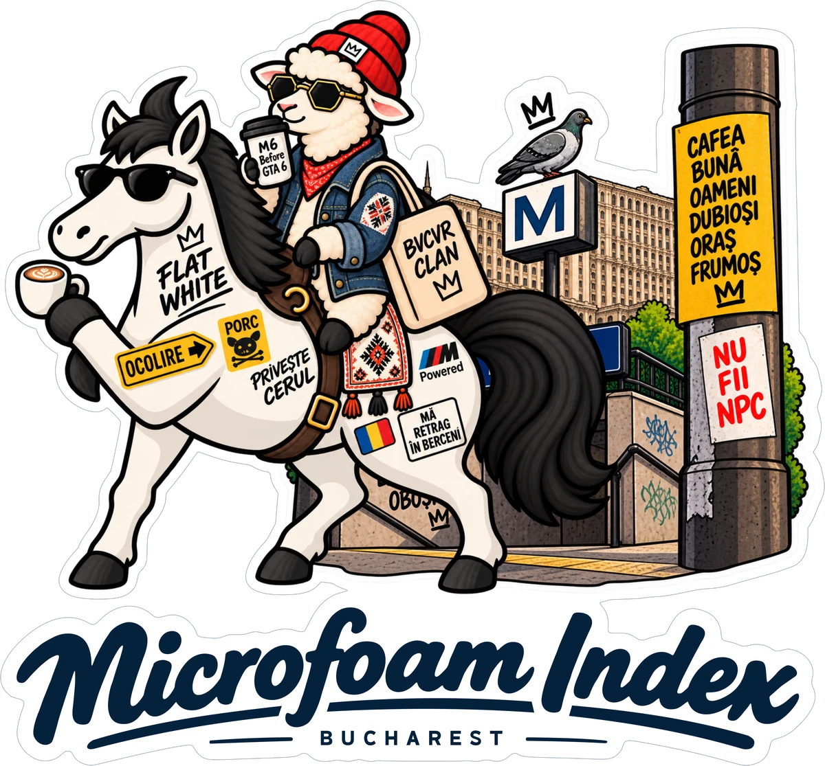 Microfoam Index Bucharest: o oaie cu fes roșu călare pe un cal alb, cu flat white în mână, prin București.
